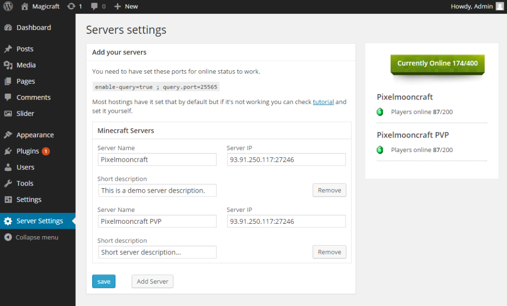 Online status settings for more servers